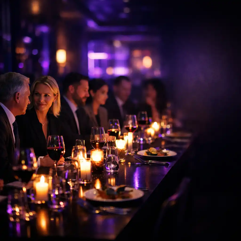 Atmospheric corporate dinner with professionals in violet-lit restaurant