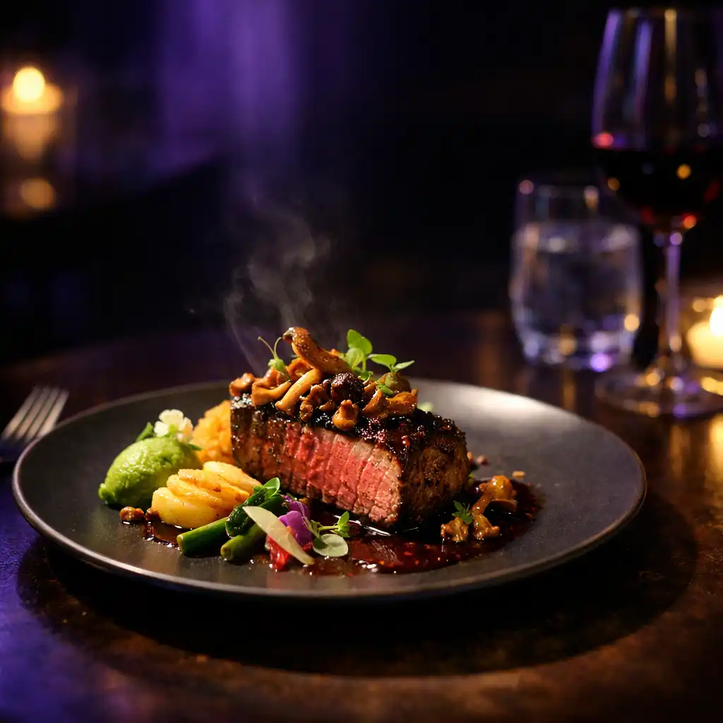Refined plated dish in moody restaurant lighting