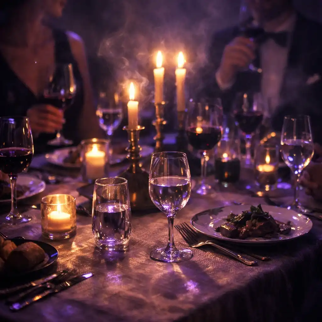 Moody candlelit dining table with violet glow