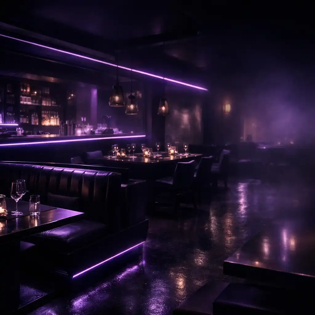 Cinematic interior of The Ember River Club with violet lighting