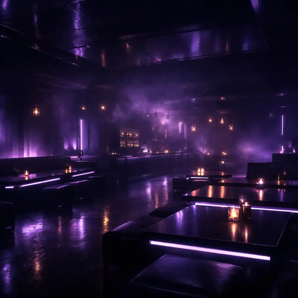Atmospheric interior of The Ember River Club with violet lighting