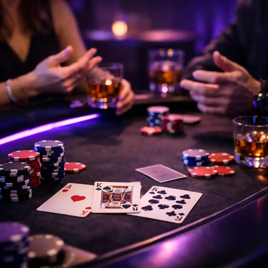Moody poker-style table with ambient violet lighting