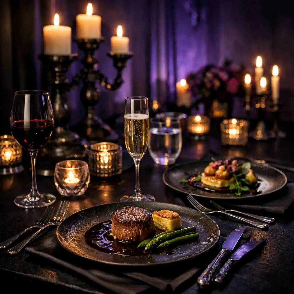 Elegant dining setup with refined plating and violet tones