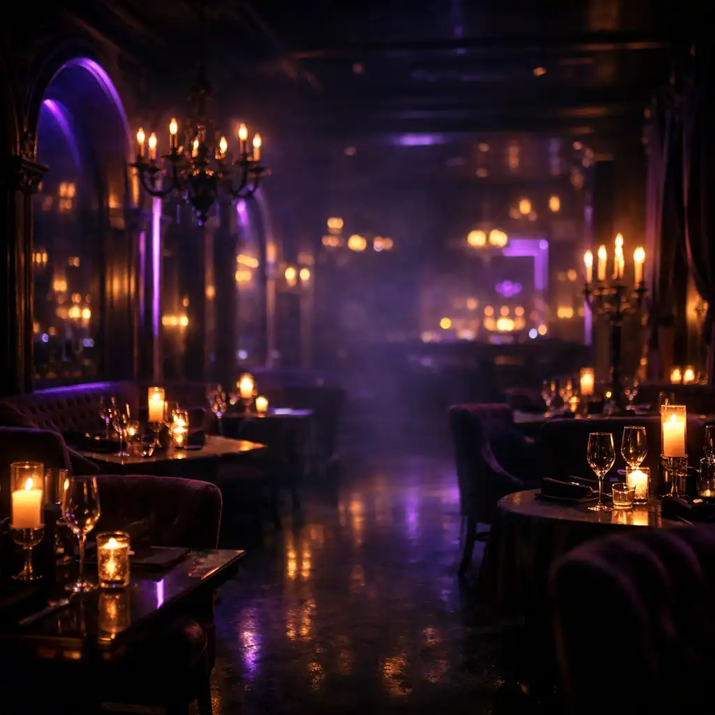 Atmospheric interior of The Ember River Club with violet lighting