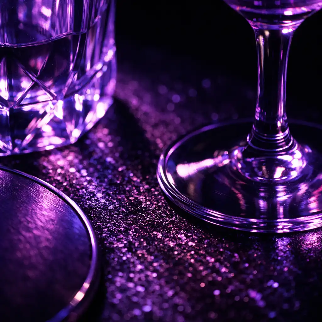 Close-up of glassware reflecting violet light