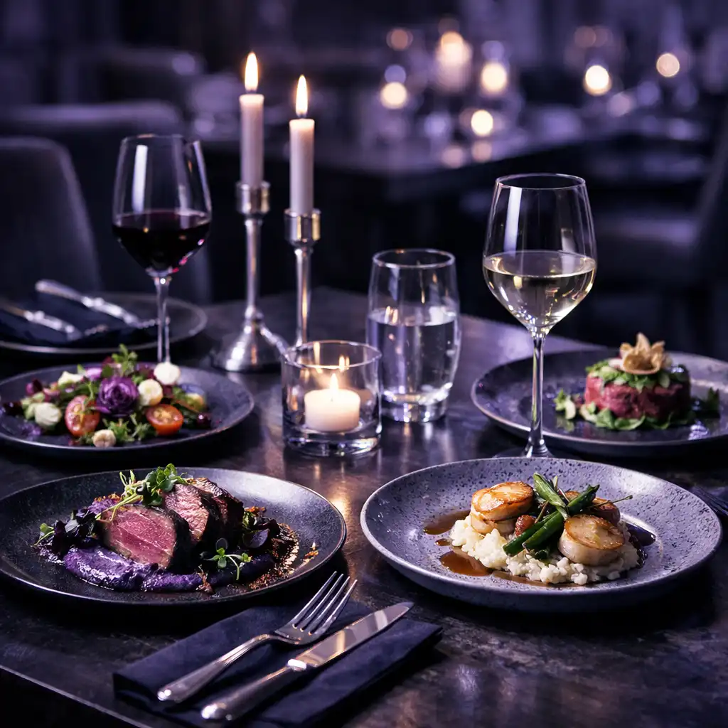 Elegant dining table with plated dishes and candlelight