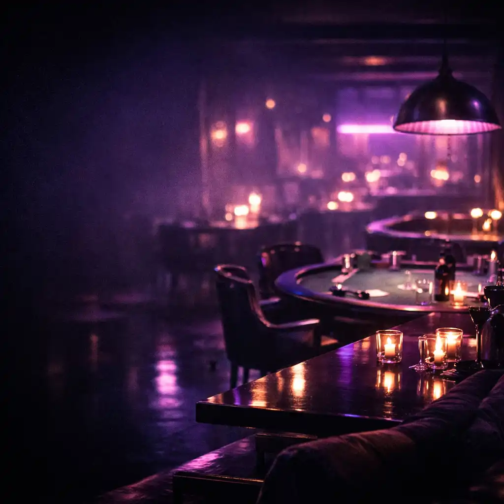 Atmospheric interior with violet lighting and layered seating