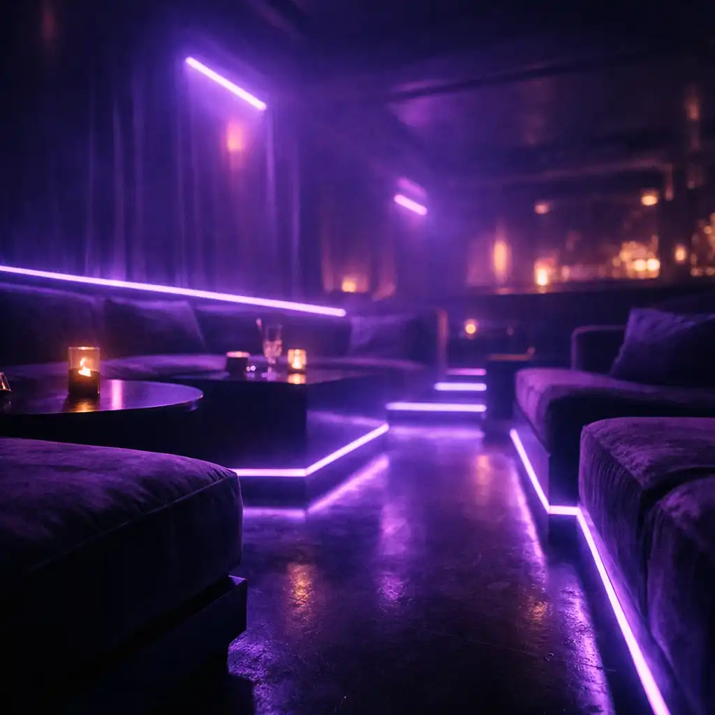 Moody lounge with low seating and neon accents