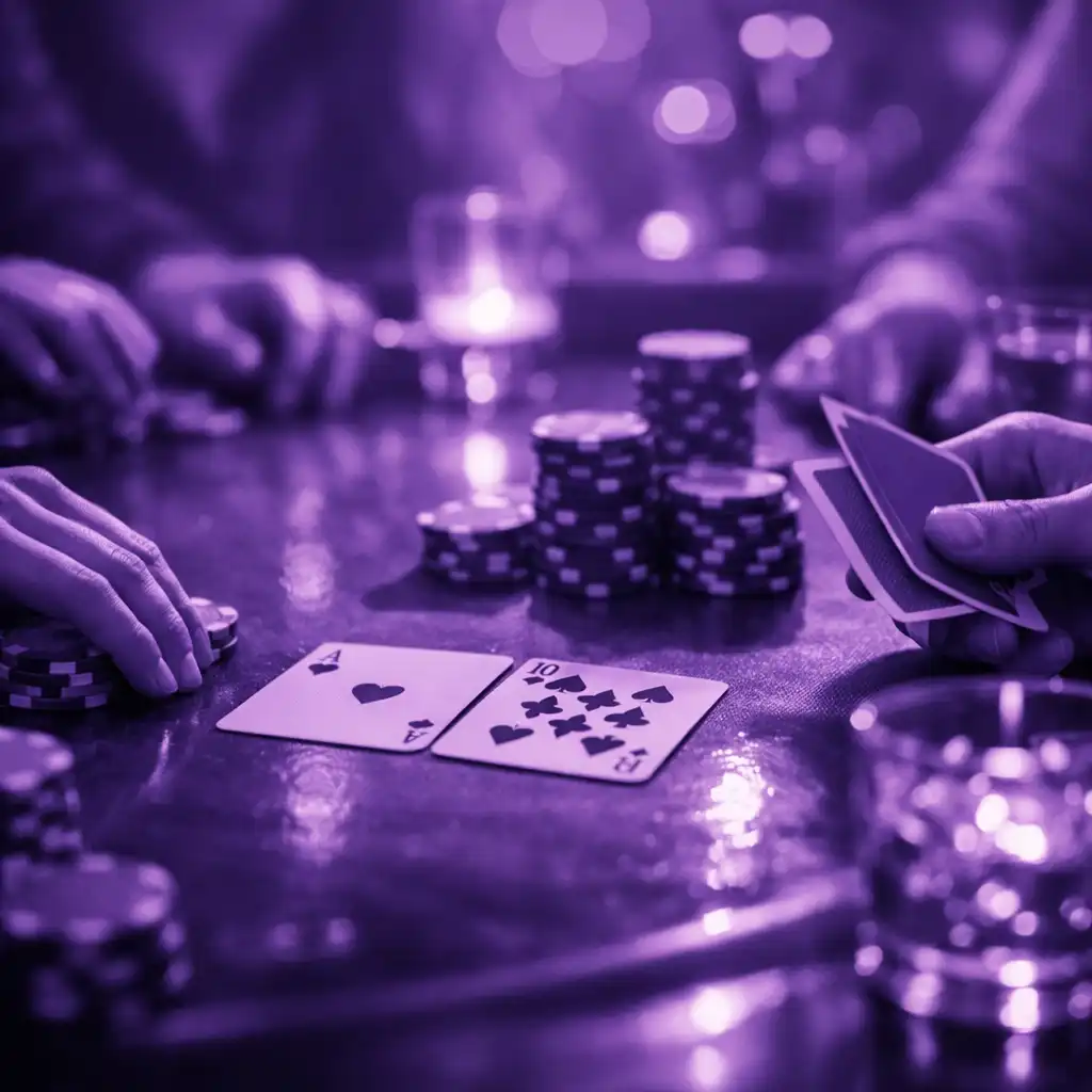 Poker table with chips and soft violet lighting