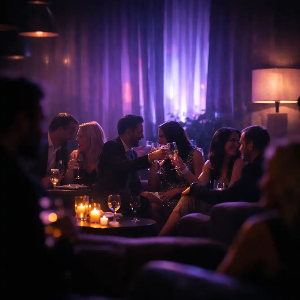 Group celebration in a moody lounge with violet lighting