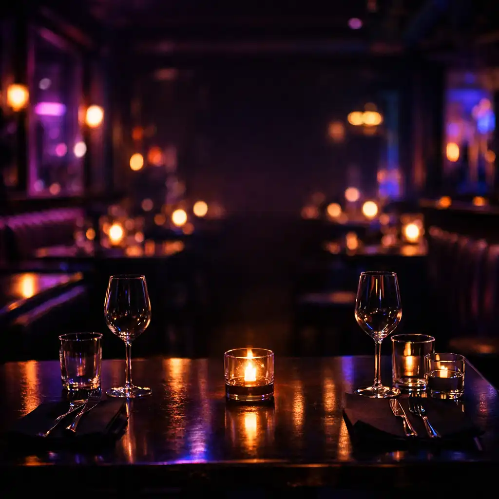Candlelit cinematic restaurant interior with violet lighting