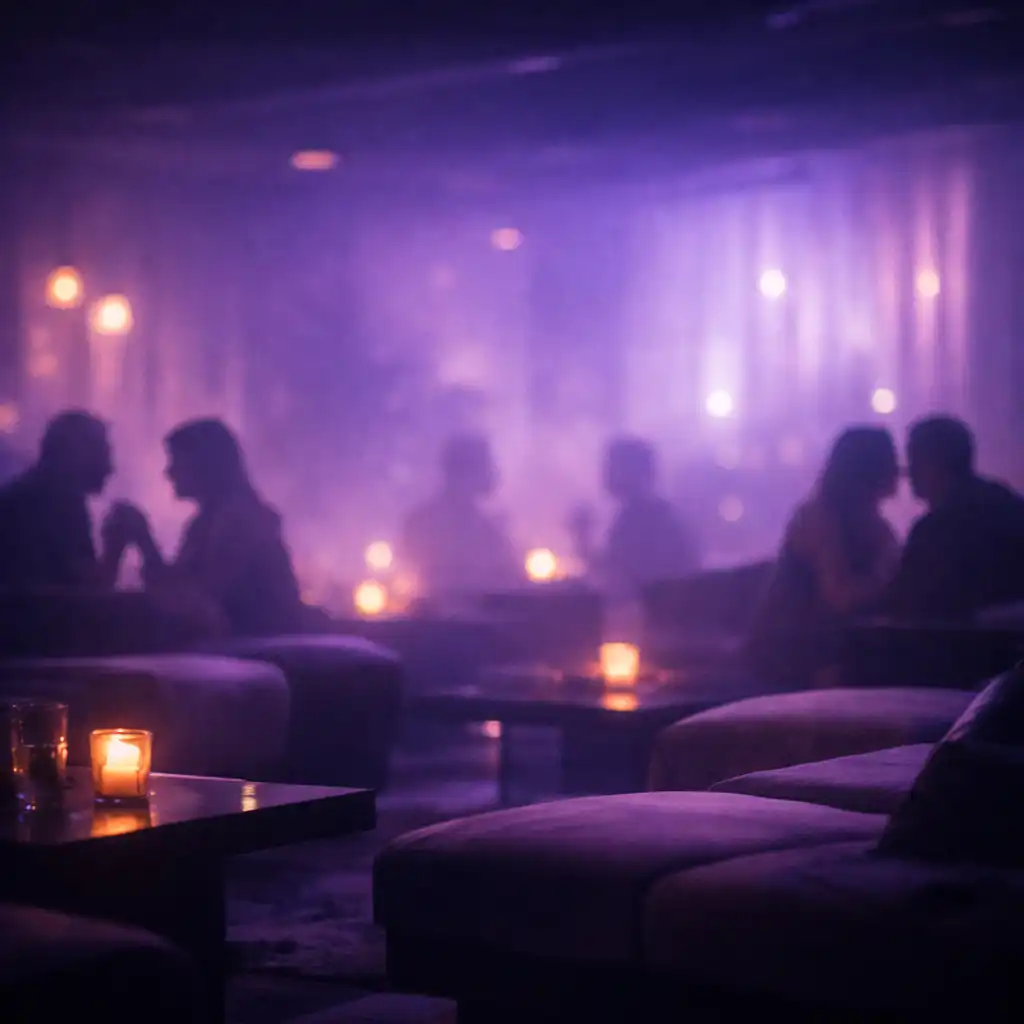 Low-lit lounge with violet ambient lighting and relaxed seating