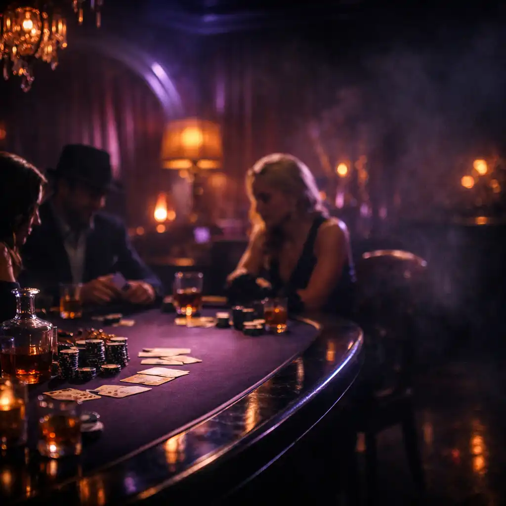 Cinematic poker table glowing in violet light with guests gathered socially