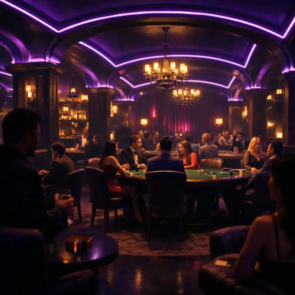 Wide view of atmospheric poker lounge with violet lighting