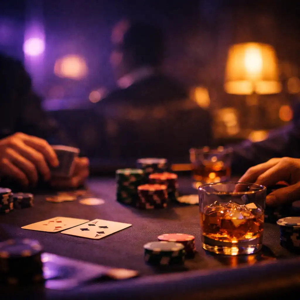 Moody poker table with cards and chips under violet lighting