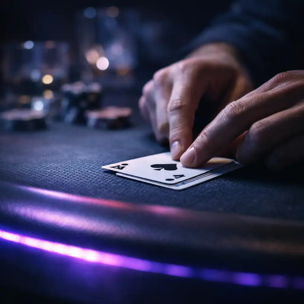 Close-up of poker table felt and hands placing cards in soft violet light