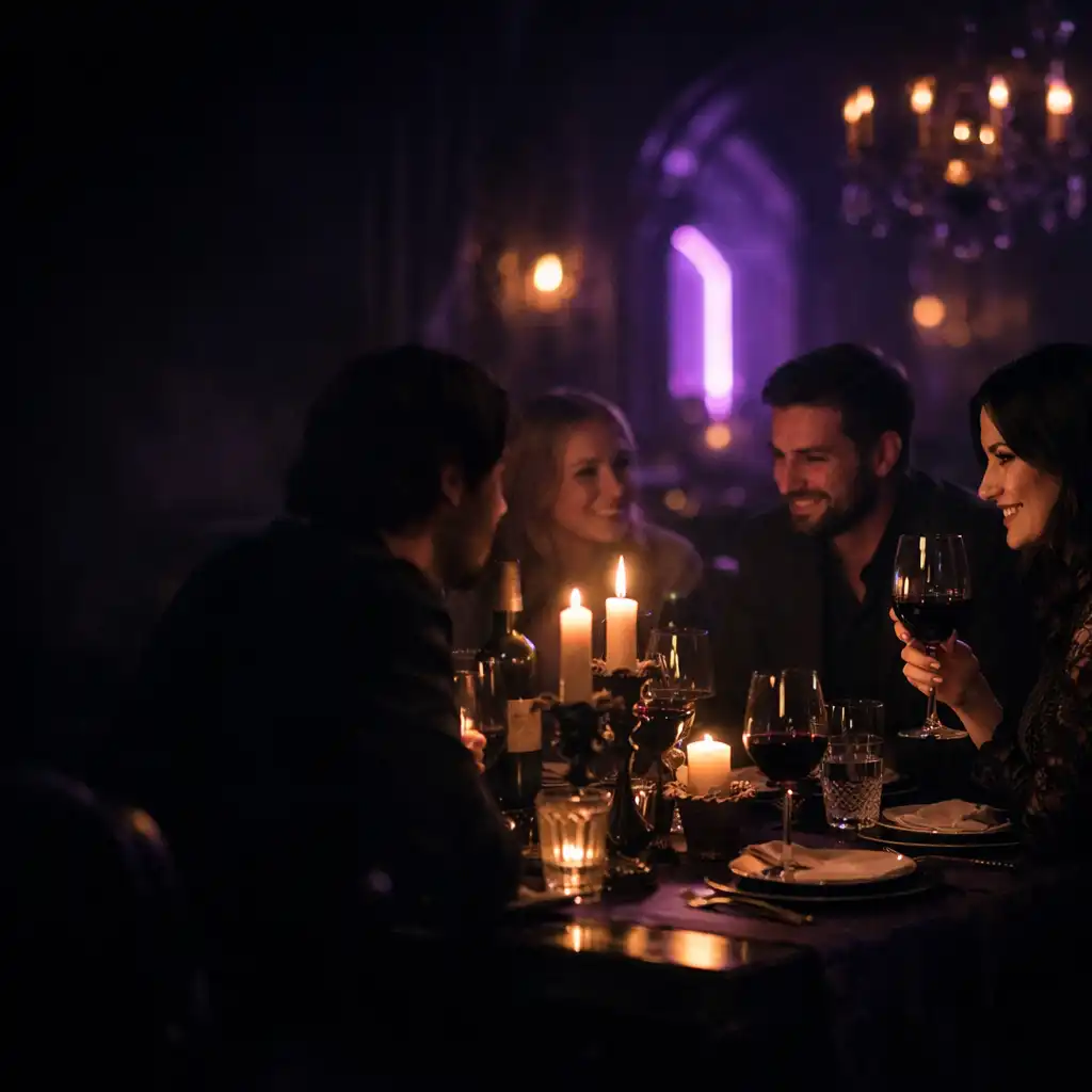 Intimate private celebration with violet lighting