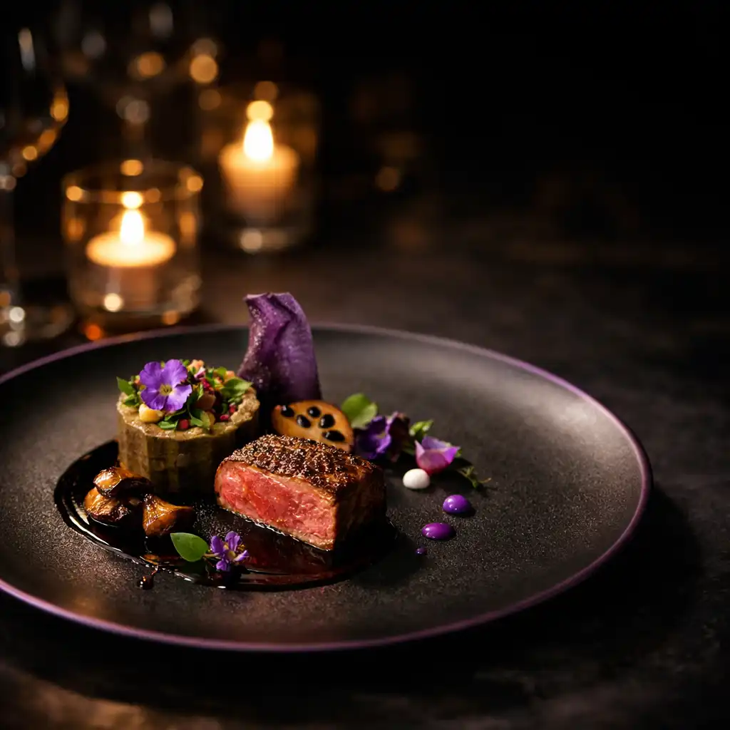 Elegant plated dish in dim atmospheric restaurant